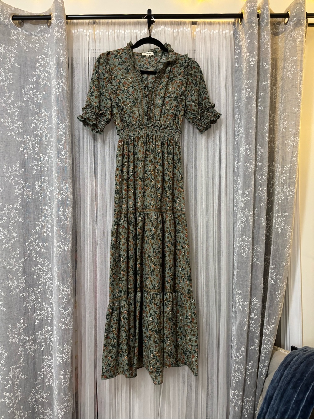 Max Studio Olive Floral Tiered Maxi Dress